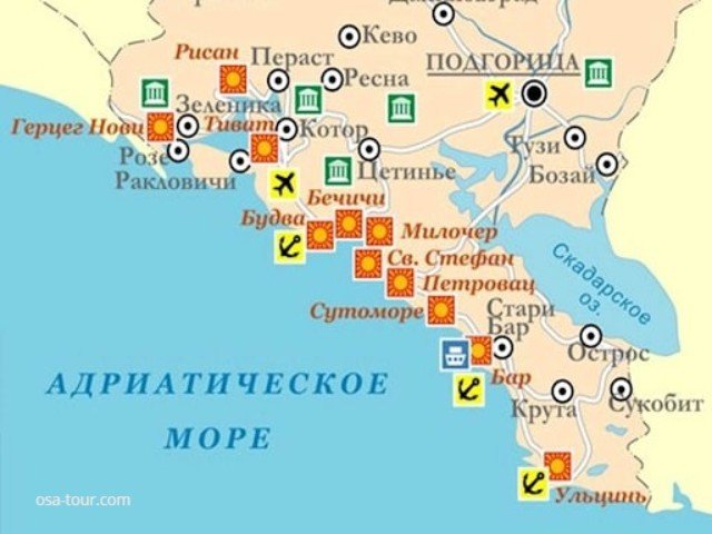Карта курортов Черногории